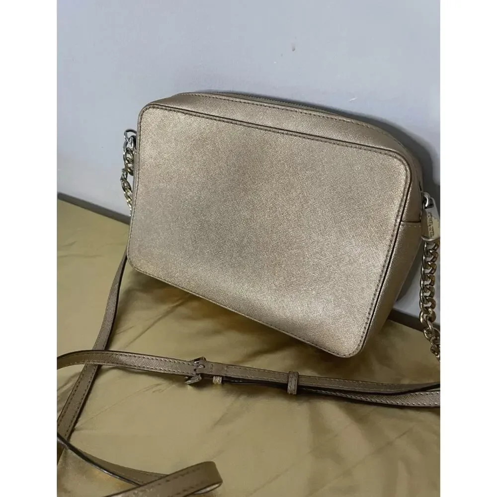 Michael Kors Jet Set Metallic Pale Gold Crossbody Bag MK Logo
